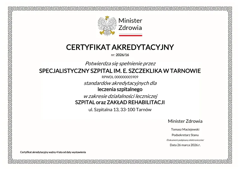 Jakość leczenia potwierdzona akredytacją Ministra Zdrowia